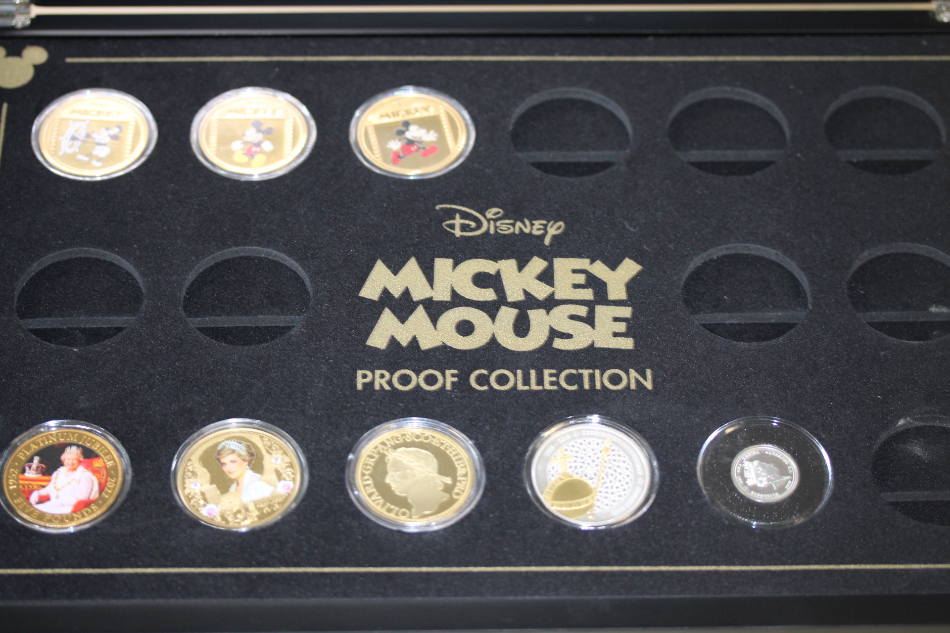 Disney Mickey Mouse proof coin collection case with 3 coins together with 5 commemorative coins