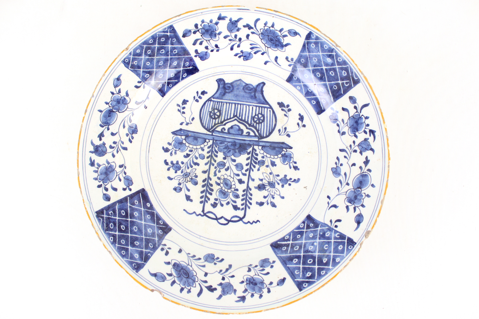 English Delft charger mid 18th century, ususal chips to rim plus 1 recent chip