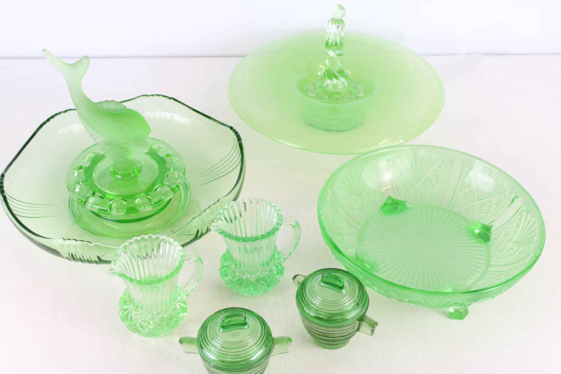 Art Deco Green Uranium Glass Tableware Collection