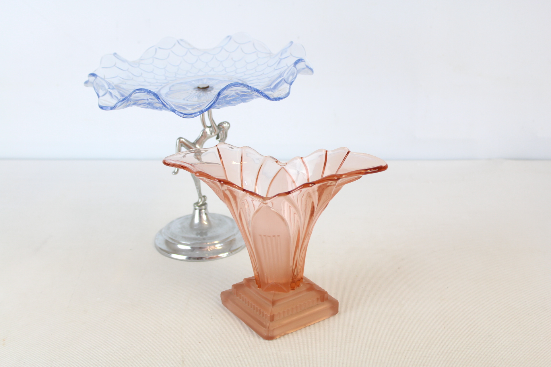 Early 20th Century Art Deco Pink Fan Vase and Blue Figural Pedestal Dish