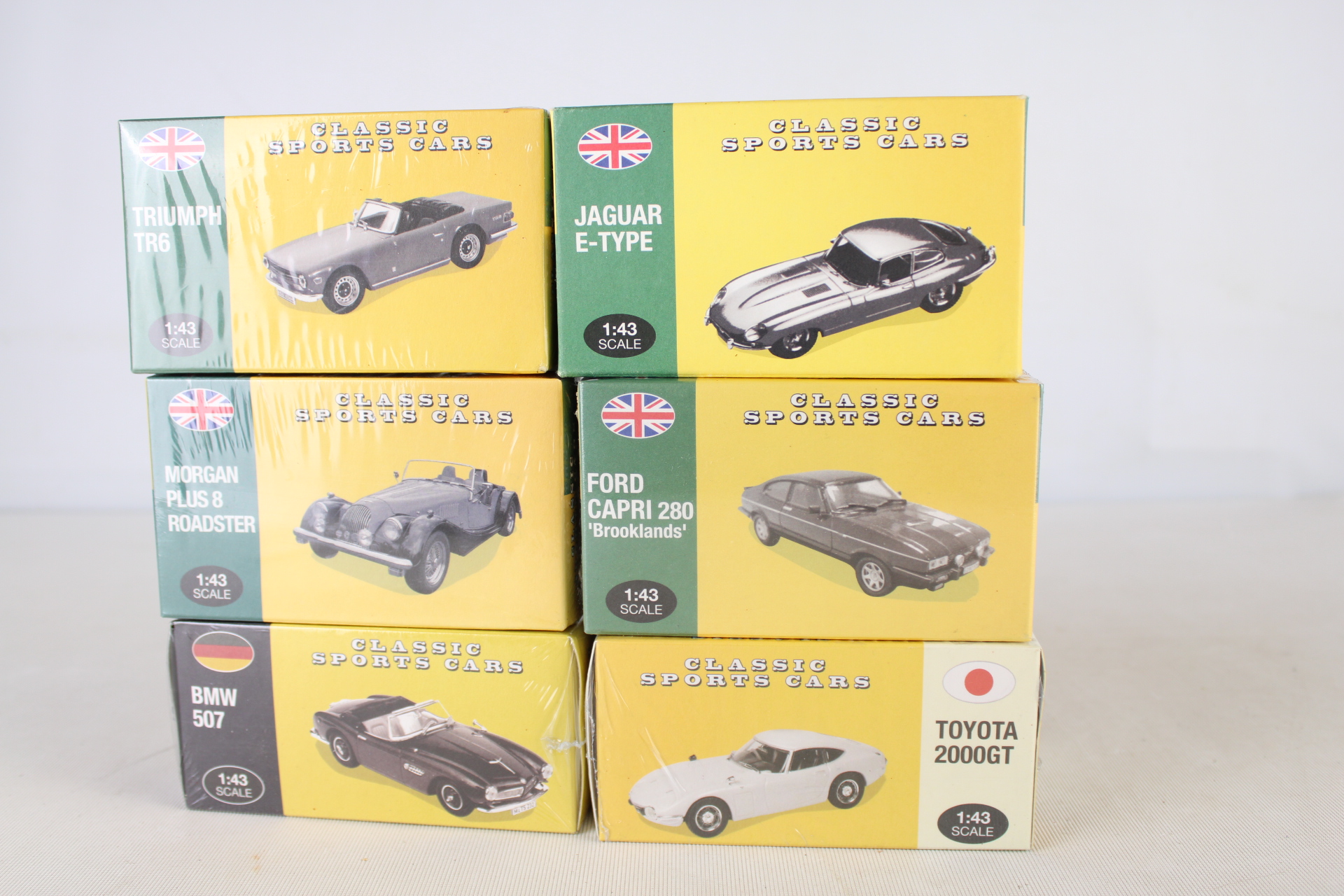 Six 1:43 Scale Classic Sports Cars Die-Cast Models in Original Retail Box - Boxes A.F