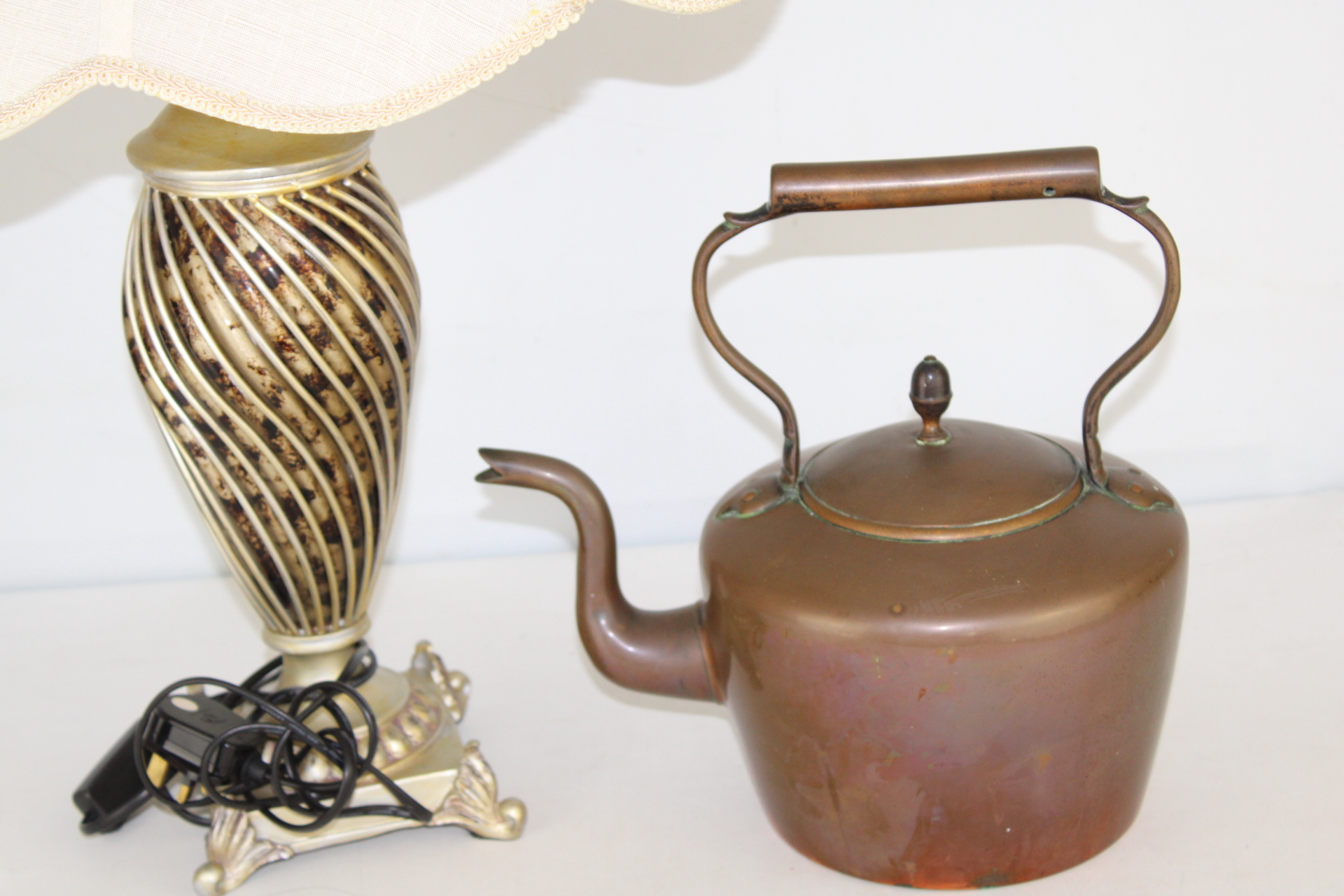 Antique Copper Tea Kettle and Twisted Body Table Lamp - Kettle A.F