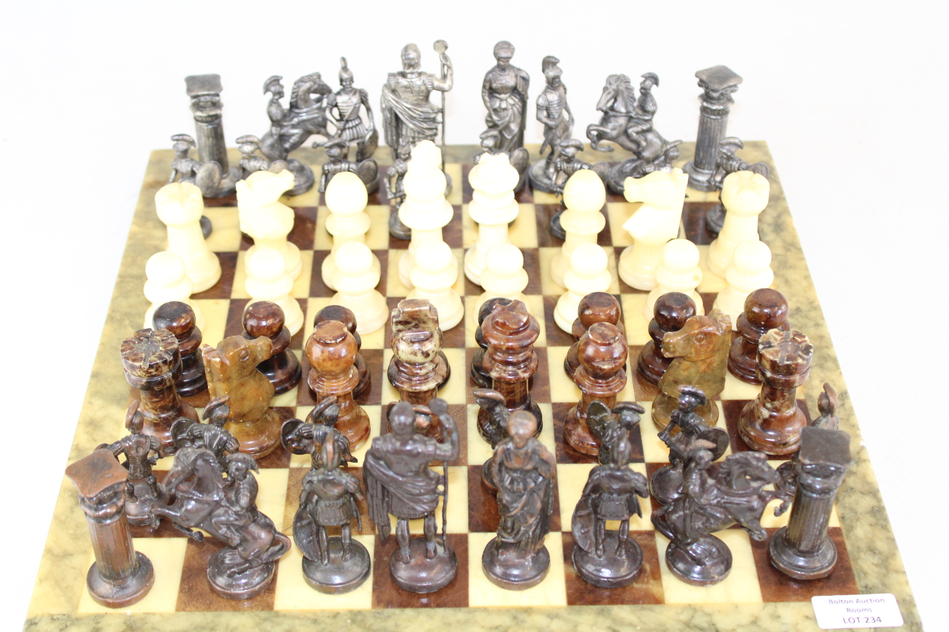 Two Stone and Metal Greco-Roman Themed Chess Sets and Stone Board