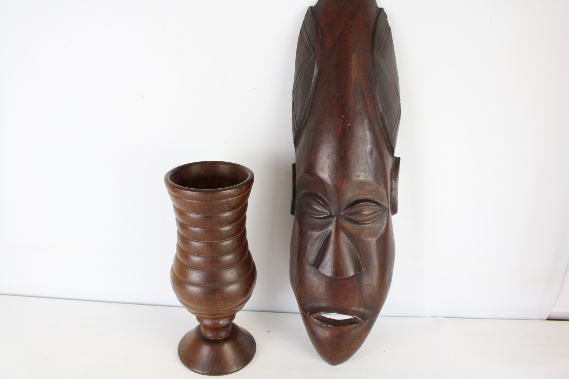 Mid-Century Carved Hardwood African Mask and Turned Vase