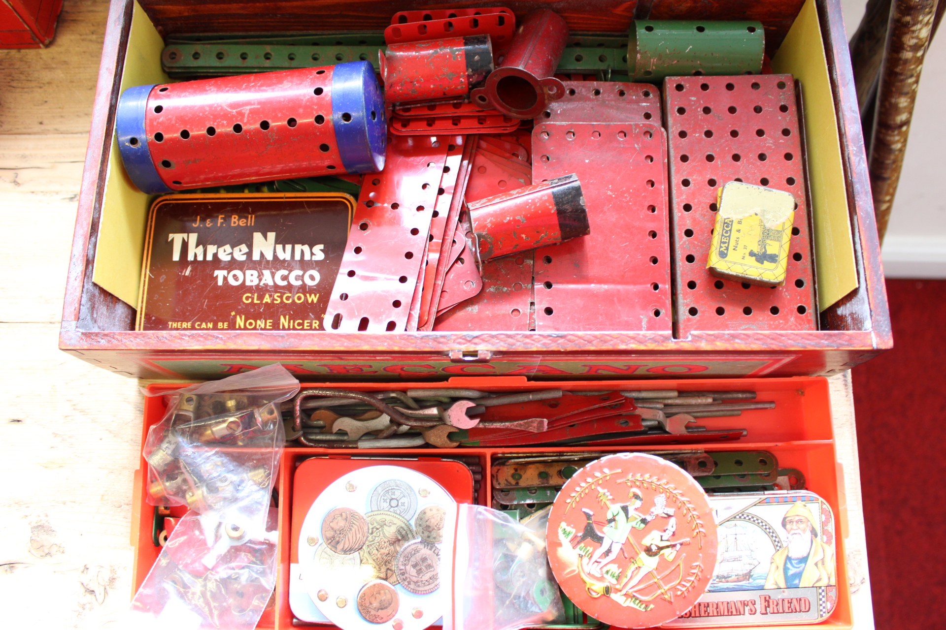 Meccano Wooden Chest and Advertising Tins - A.F