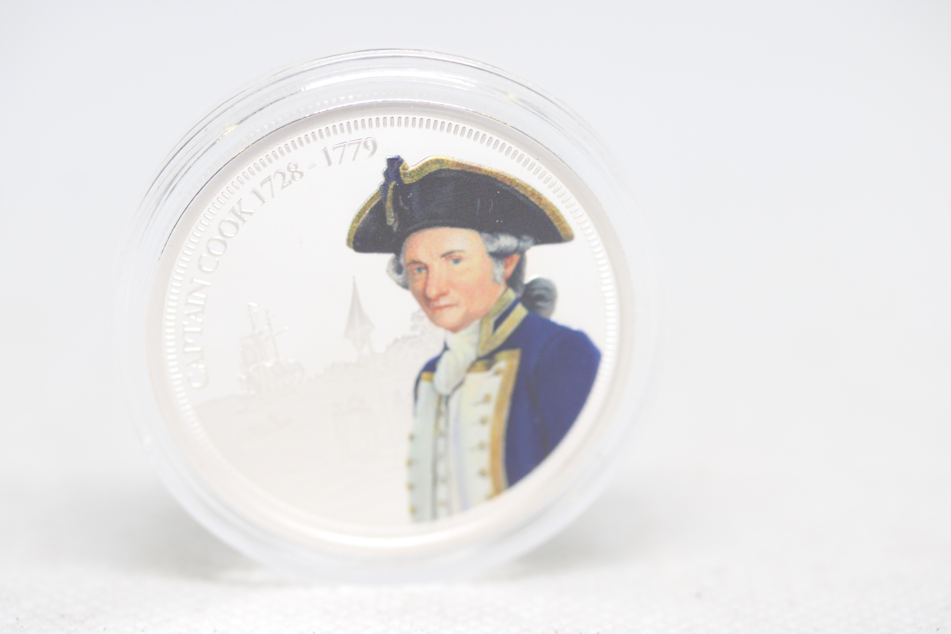 Proof Quality East Caribbean States One Dollar Coin with Colour Image of Captain Cook to Front.
