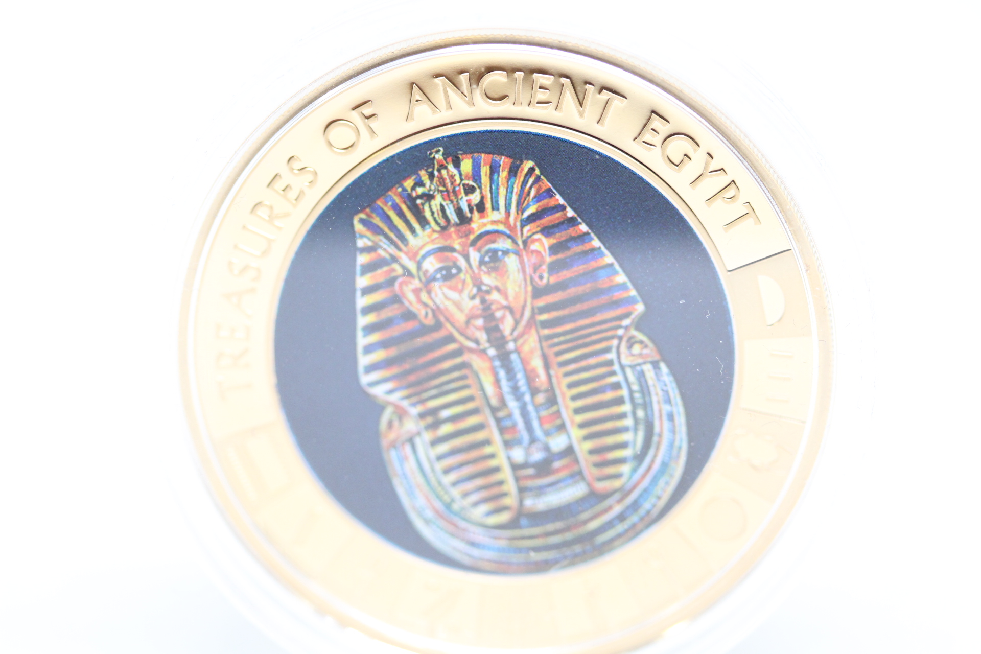 Gold Plated Cook Islands One Dollar Treasures of Ancient Egypt with Colour Image of Tutankhamun Proof Quality Coin in Capsule.
