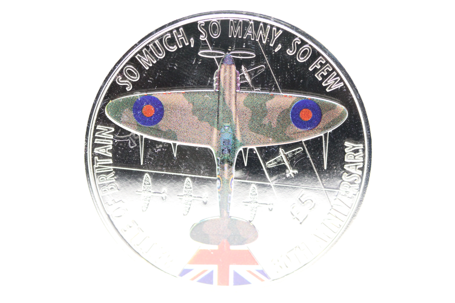 Proof Quality Guernsey £5 Coin with Colour Image of Spitfire to Front.