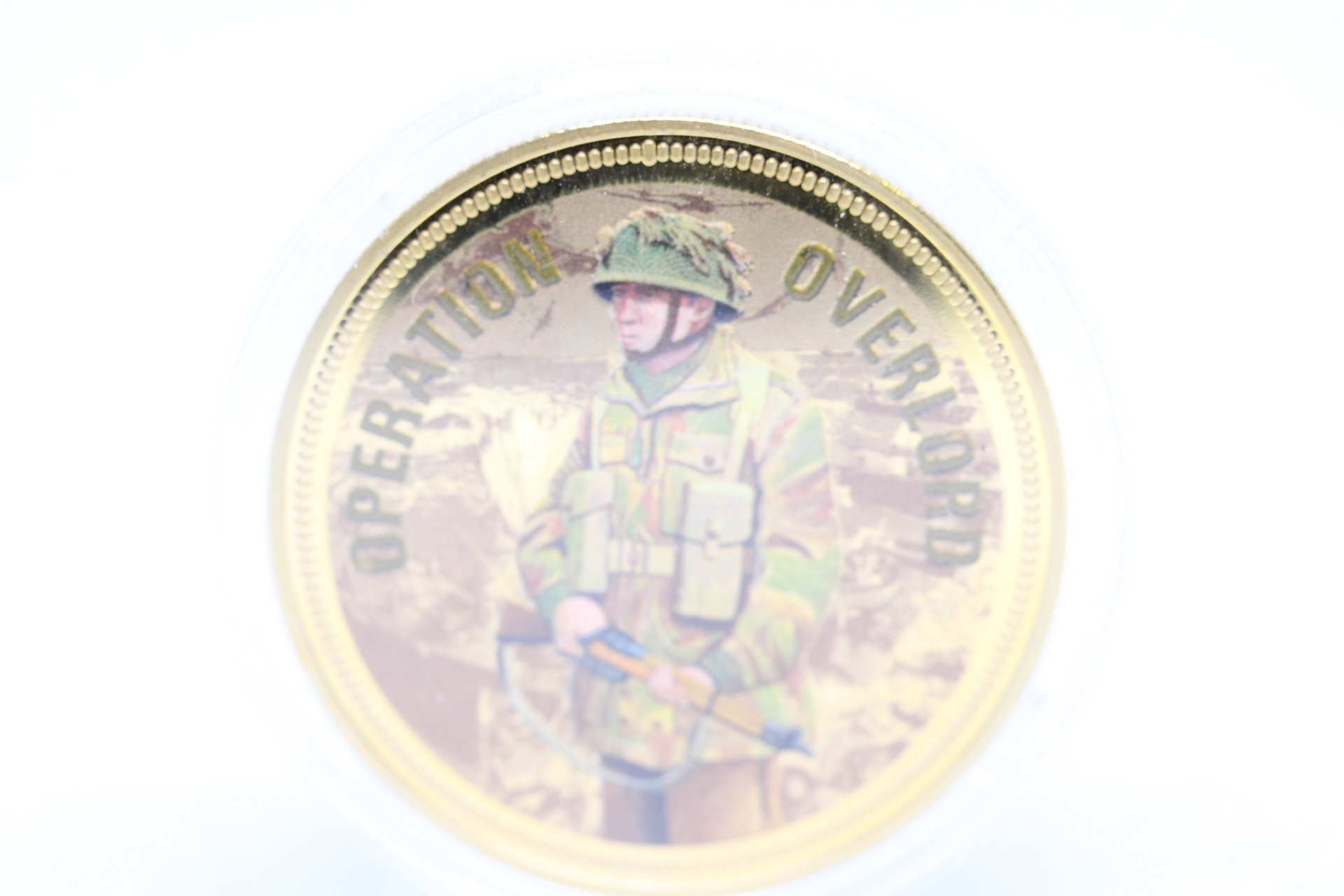 Gold Plated Proof Quality Coin Magnay Britanniae with Colour Image Operation Overlord to Front.