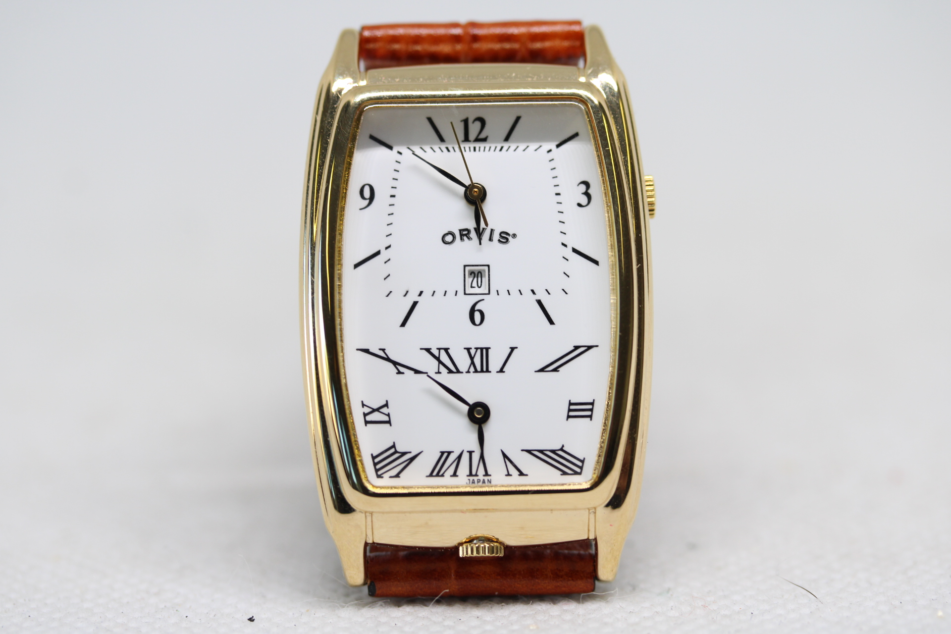 Orvis Dual Time Gold Plated Gents Watch in Box with Paper.