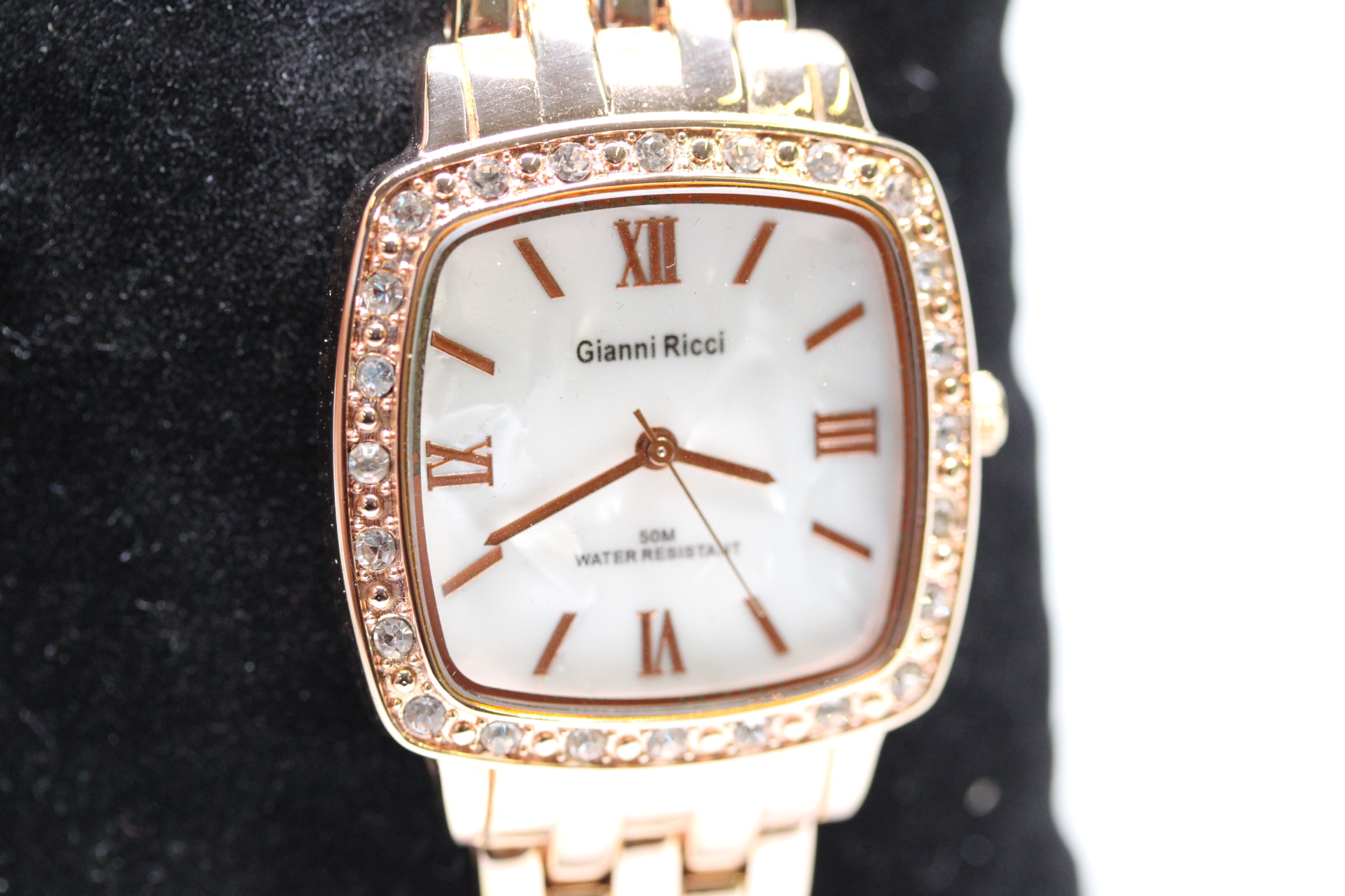 Mid-Size 30mm Gianni Ricci Quartz Watch with Ice White Mother of Pearl Dial and Gemmed Bezel.