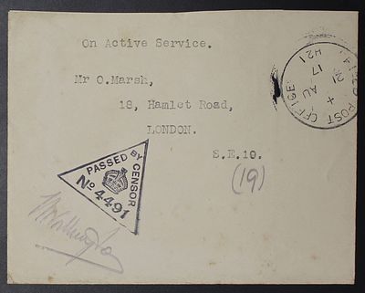 פלשתינה/ארץ ישראל , 1917, מעטפה שנשלחה בדואר צבאי מ FPO H21 יפו ללונדון אנגליה. ;התמונות הן חלק 