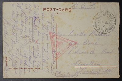 פלשתינה/ארץ ישראל , 1917, גלויה שנשלחה בדואר צבאי מ FPO 230 עזה ללונדון אנגליה. ;התמונות הן חלק 