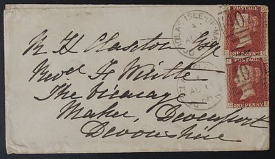 מעטפה מוקדמת מאד שנשלחה מאיי התעלה ב1868. ;התמונות הן חלק מתיאור הפריט בנוסף לתיאור הכתוב 
תגיות 