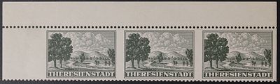 Holocaust, 1943 Theresienstadt ghetto concentration camp, a row of 3 original stamps, without 
