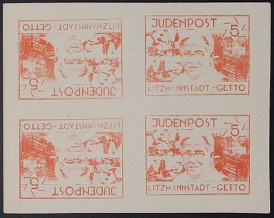 Ghettopost Litzmannstadt.
1943 "Judenpost", 5pfg orange red, horizontal tete-beche block of 4 