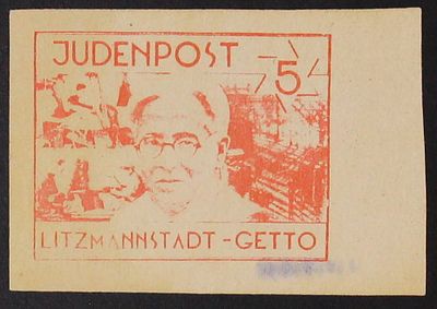 Ghettopost Litzmannstadt.
1943 "Judenpost", unissued designs, 5pfg orange red essay, Printed 