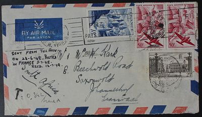 קשרי דואר ישראל : שליח שירות פלטורס דרך צרפת - מעטפת דואר אוויר שמקורה בתל אביב ביום 23.6.1948 