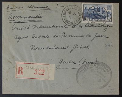 FRANCE: Camp de Gurs - 1/1941 early Regist Cover to Geneva Red Cross frank 5Fr French stamp 