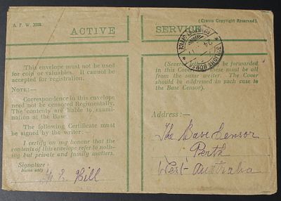 Palestine, The Land of Israel, World War I, Envelope in Military Mail to Australia, 1917. The 