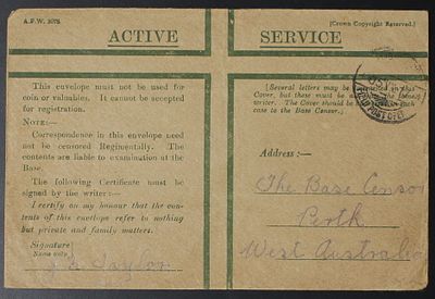 Palestine, The Land of Israel, World War I, Envelope in Military Mail to Australia, 1917. The 