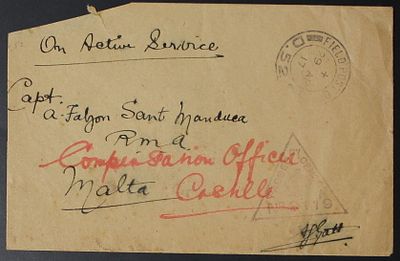 Palestine, The Land of Israel, World War I, Envelope in British Military Mail to Malta, 1917. The 