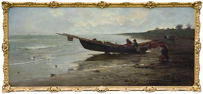 Pietro Fragiacomo (1856 - 1922) Pescatori sulla riva, 1890 circa - Pietro Fragiacomo (1856 - 1922)