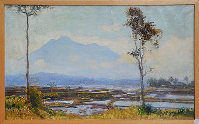 Carel Lodewijk Dake Junior (1886 - 1946) Paesaggio Sawah con un vulcano sullo sfondo - Carel