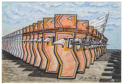 Ibrahim Kodra (1918 - 2006) Battaglia - Ibrahim Kodra (1918 - 2006) Battaglia Matita, tempera 