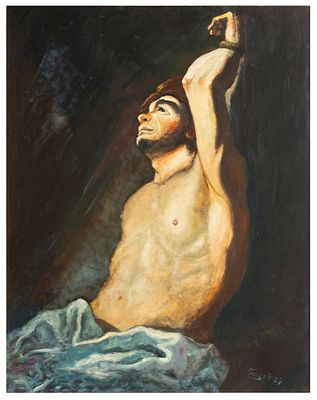 Pietro Mancuso (1944) Figura maschile con polsi legati, 1987 Olio su tavola 95 x 75 cm Firma: 