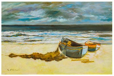 Gino Alberti (1921 - 1990) Barche a riva - Gino Alberti (1921 - 1990) Barche a riva Olio su tavola 