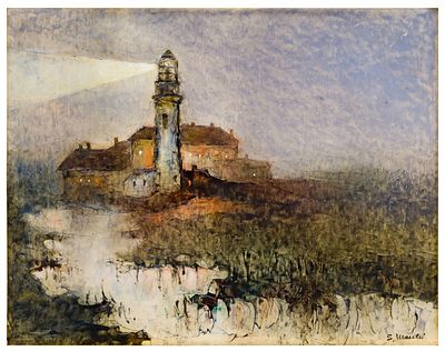 Silvano Macchi (1928) Il faro, 1976 - Silvano Macchi (1928) Il faro, 1976 Olio su cartone pressato 