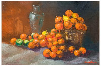 Nino Melloni (1930) Natura morta con vaso, cesto e frutta, 1976 - Nino Melloni (1930) Natura morta 