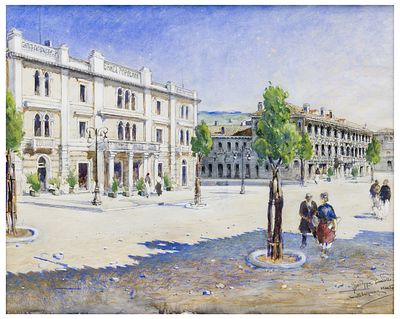 Giuseppe Rondello (XX secolo) Veduta della Piazza Teatro di Montebelluna - Giuseppe Rondello (XX 