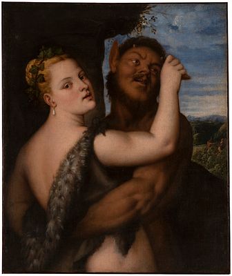 Tiziano Vecellio (1488 ca. - 1576), invenzione e finitura, e Simone Peterzano (1540-1599), esecuzione Pan afferra una menade, 1550-1565 ca