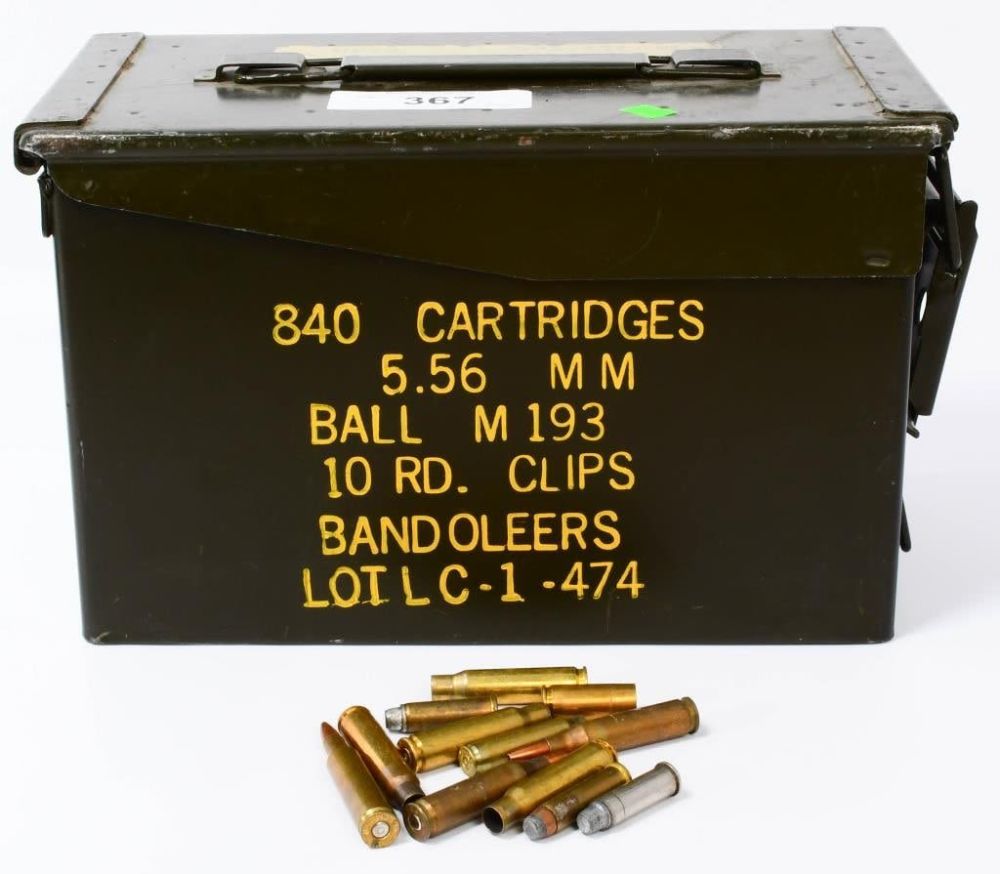 Lot 367: Large Metal Ammo can Mostly Full W/ Brass & Ammo