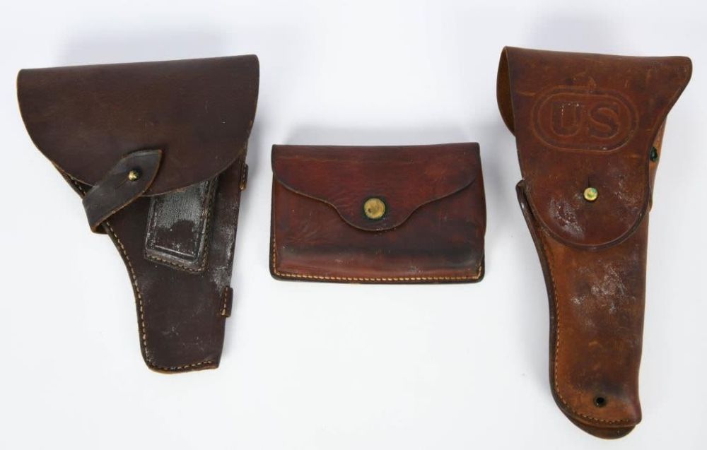 Lot 392: Lot of 3 Military Leather Goods Holsters & Pouch