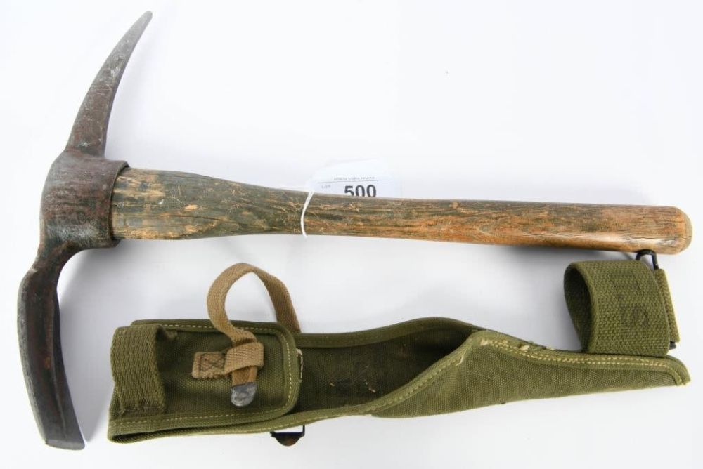 Lot 500: US Military Wood Handle Pickaxe With Cover