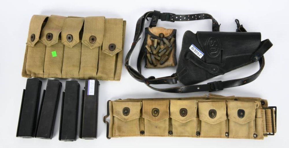 Lot 1319: Thompson Mag Pouch, Mags, Belt, Holster