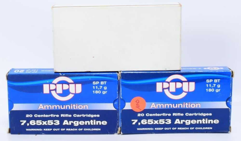 Lot 1435: 20 Rounds of 7.65 Argentine Ammo & 40 Brass Casing