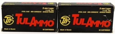 100 Rounds Of Tulammo 9mm Luger Ammunition. , TulAmmo 9mm Pistol Ammunition Steel Case FMJ, 115