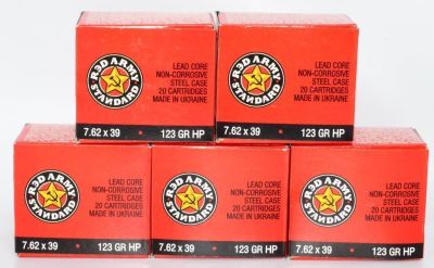100 Rounds of Red Army Standard 7.62x39mm. Ammunition, 122 Grain Full Metal Jacket Steel Cased