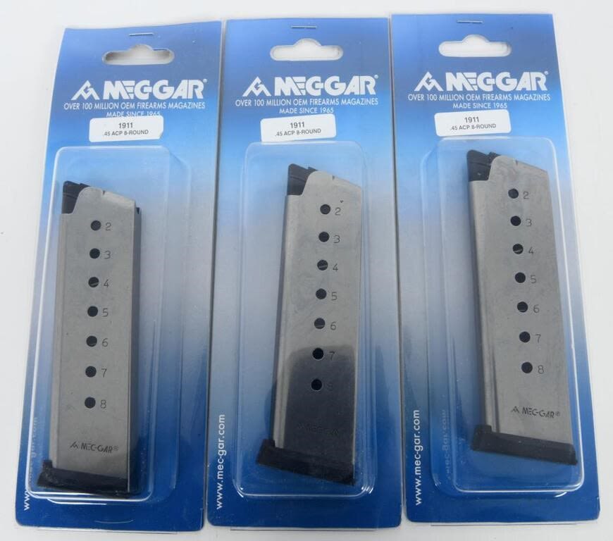 Lot 1673: 3 NIP Mec-Gar 8 Round .45 Cal 1911 Magazines