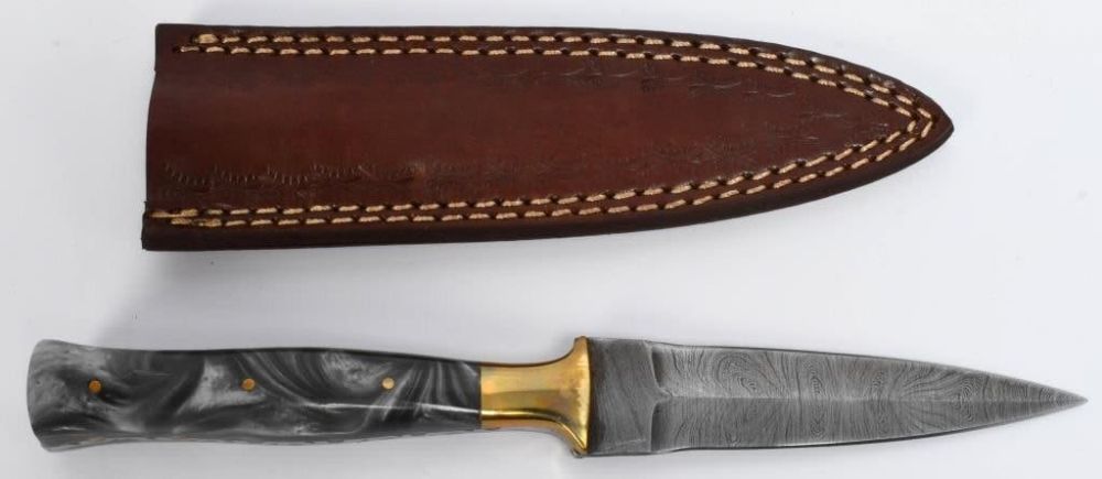 Lot 74: Hand Made Damascus Fixed Blade Knife W/ Sheath