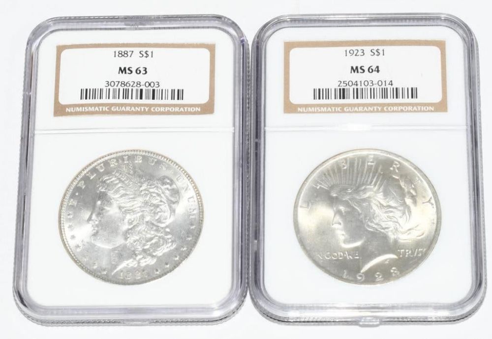Lot 158: 2 NGC Graded Coins Peace Dollar & Morgan Dollar