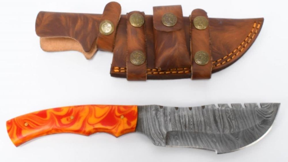 Lot 224: Hand Made Damascus Fixed Blade Knife W/ Sheath