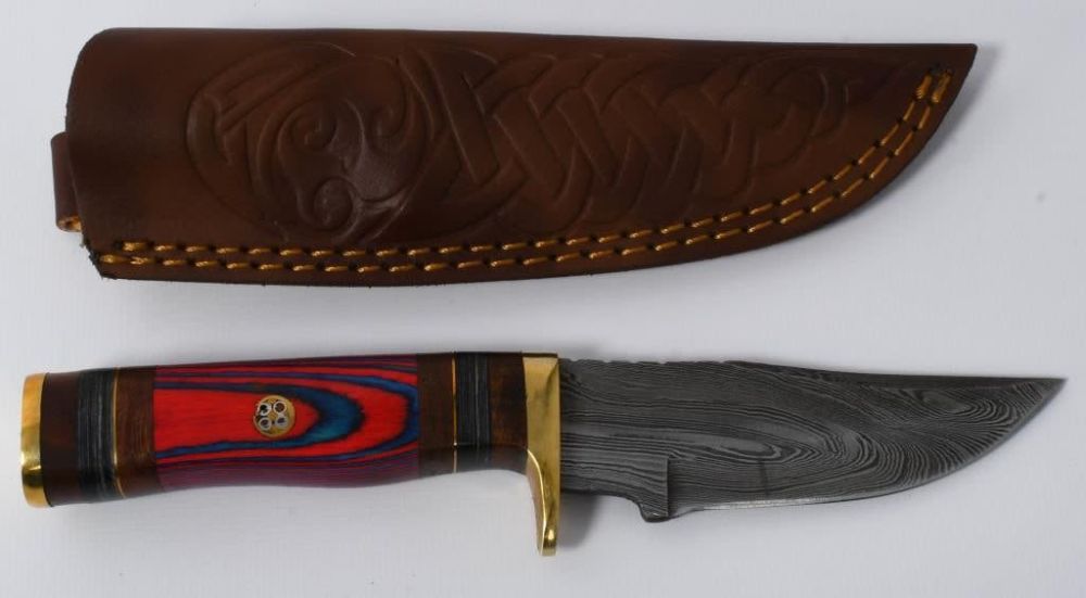 Lot 524: Hand Made Damascus Fixed Blade Knife W/ Sheath