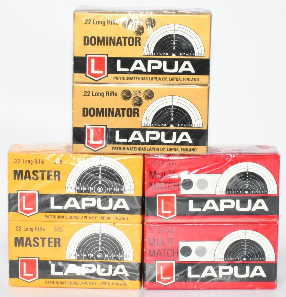 Lot 574: 6 Collector Boxes of Lapua .22 LR Ammunition