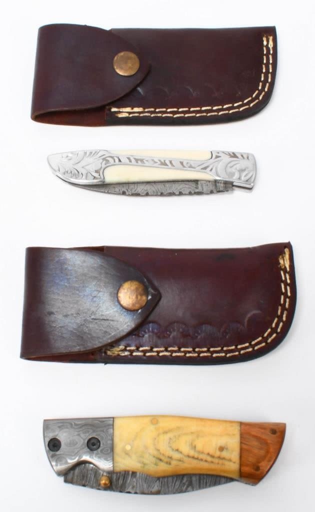 Lot 1337: 2 Hand Made Damascus Fixed Blade Knifes W/ Sheaths