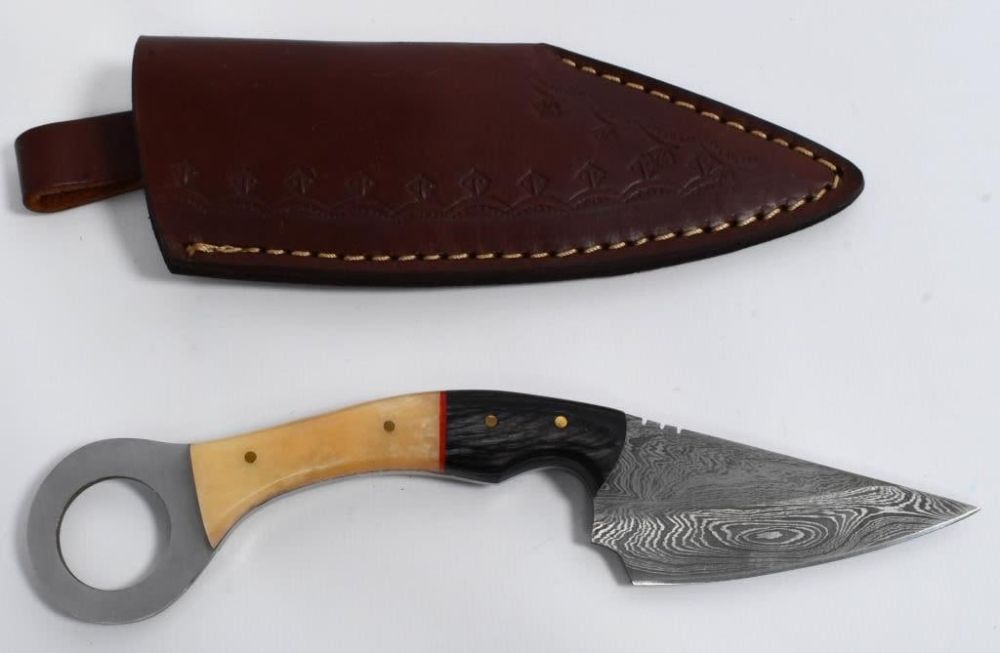 Lot 1577: Hand Made Damascus Fixed Blade Knife W/ Sheath